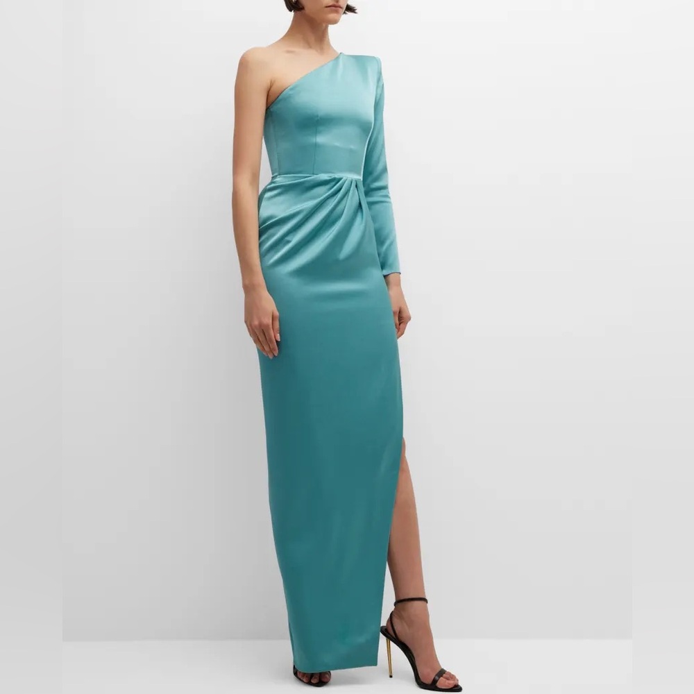 Alex Perry Delane One Shoulder Drape Satin Crepe Column Gown US 6 color MOSS